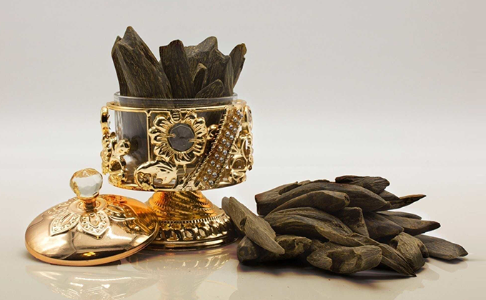 A glass bowl with some wood chips on it